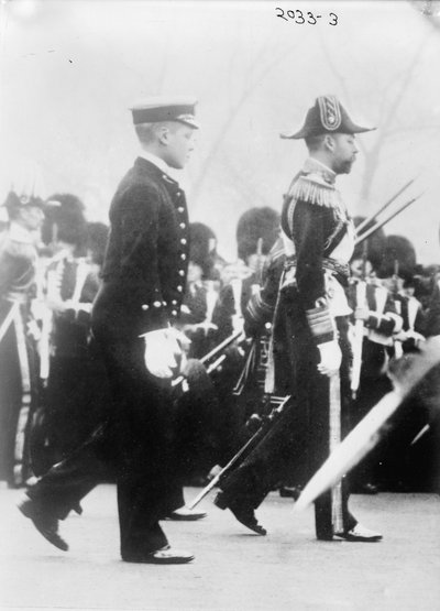 King George V with the Duke of Cornwall in the funeral procession of King Edward VII, 1910 by George Grantham Bain